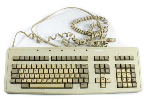 Honeywell Bull 115ST13-11E-1-J AT terminal keyboard front view with coiled 5-pin DIN cable