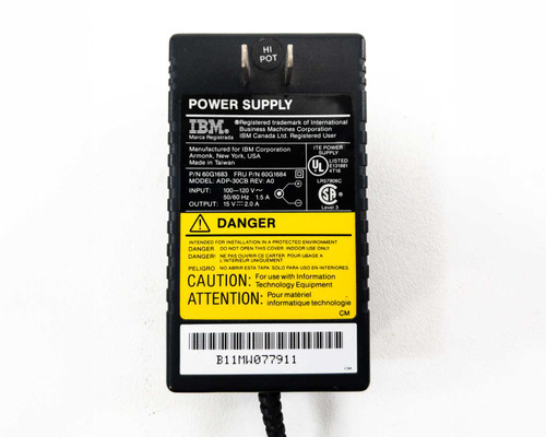 IBM 60G1684 ADP-30CB power supply label view showing model, part number, input 100-120V 1.5A, output 15V 2A, UL and CSA markings, and serial barcode