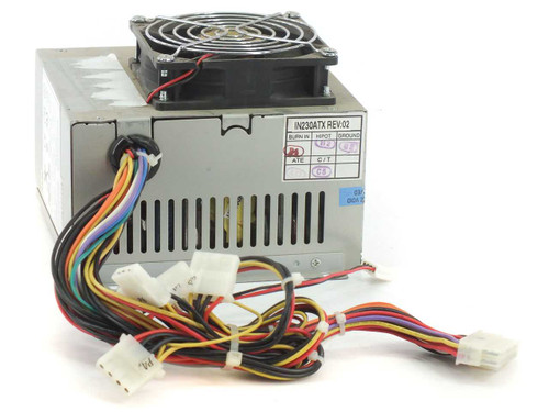 Power Man HP-230-ATX 230W ATX power supply – three-quarter top view showing IN230ATX REV:02 label, top fan, and full output cable harness