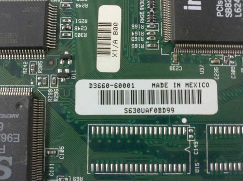 HP D3660-60001 label close-up showing part number, Made in Mexico marking, serial number barcode, and revision label X1/A B00