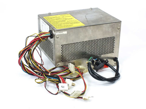 Dynova COP8802T 275W AT power supply — three-quarter view showing full Molex wiring harness and stainless steel enclosure