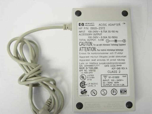 HP 0950-2372 AC Adapter – bottom label showing HP part number, 100-240V input, 5V 1A output, UL/CSA certifications, and Made in Thailand marking