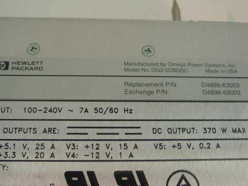 HP D4898-63003 label closeup showing model DG3-5CBDDC, 100-240V input, 370W DC output rails and part numbers