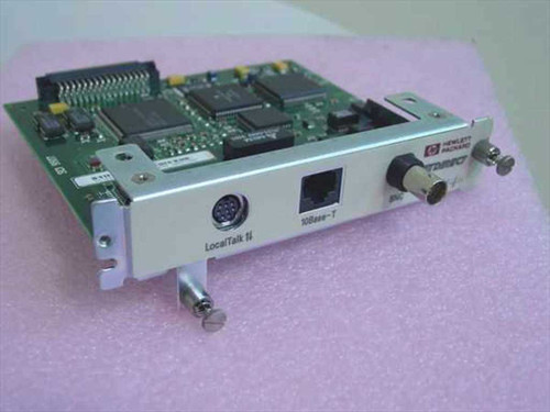 HP J2553-60001 JetDirect print server card front bracket view showing LocalTalk Mini-DIN, 10Base-T RJ45, and BNC connectors