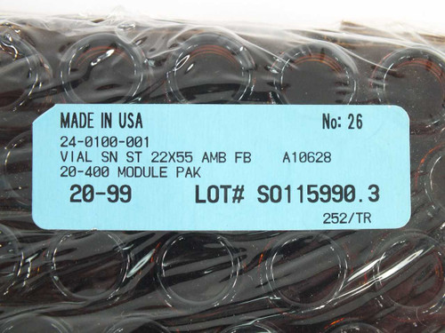 Comar 24-0100-001 label detail showing VIAL SN ST 22X55 AMB FB, 20-400 Module Pak, Lot SO115990.3, 252/TR, Made in USA