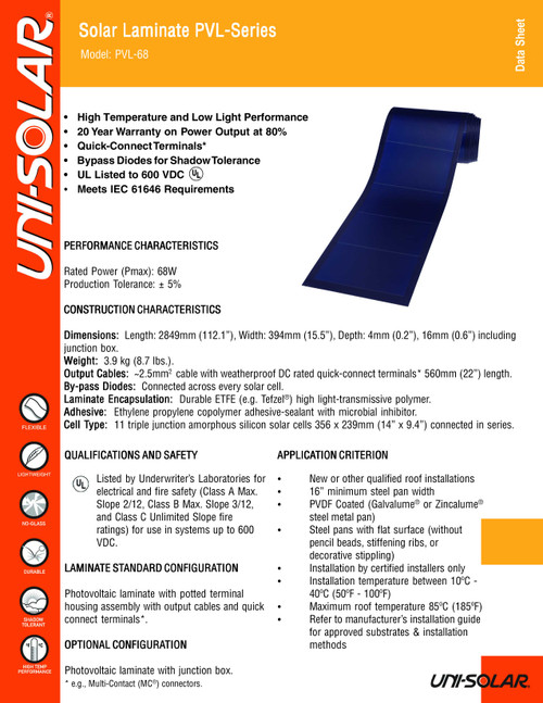 Uni-Solar PVL-68 68W 12V Flexible Amorphous Solar Panel - Solder Points No Cable