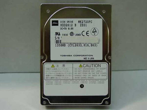 Toshiba MK2720FC 1.3GB 2.5-inch laptop hard drive top label showing model, HDD2612 part number, and DC +5V 0.8A power rating — Made in Japan
