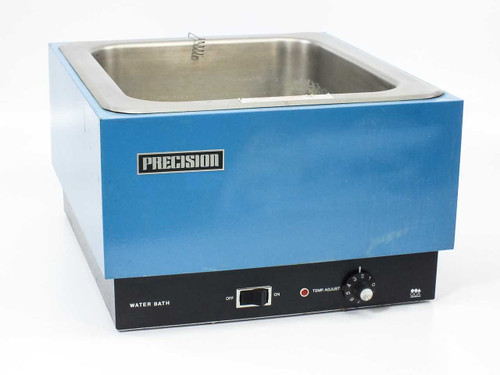 Precision Scientific 184 heated water bath – front and right-side view showing blue housing, stainless steel bath interior, and front control panel