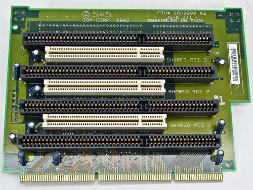 IBM 06H9086 3 PCI 4 ISA riser card – front view showing three shared PCI slots and ISA edge connectors, labeled Shared PCI 1, 2, and 3