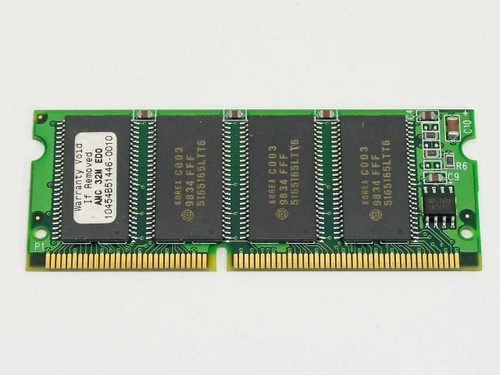 Advantage 32MB EDO 144-Pin SO-DIMM laptop memory module – front side showing Korea C003 9834 FFF 5165165LTT6 memory chips and warranty label with MPN 10454B51446-0010