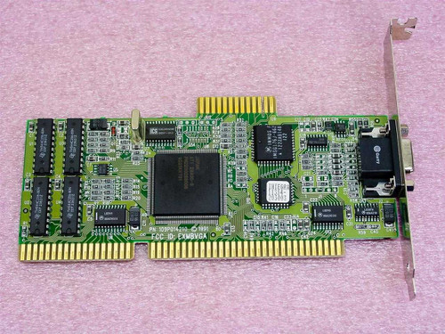 ATI 109P014210 ISA video card component side showing full PCB layout with memory chips, Mach8 GPU, and gold ISA edge connector