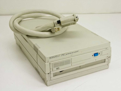 Iomega B190THP-LC Bernoulli PC Powered 90 drive – front and top view with SCSI and power cables draped over unit