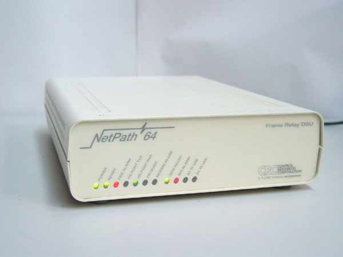 CRC NetPath 64 Frame Relay DSU front panel with LED status indicators, angled left view