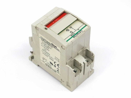 Fuji Electric CP32TM/10 circuit protector front-left angled view showing red and green toggle handle and label
