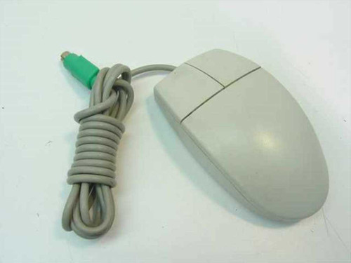 IBM Logitech M-S34 PS/2 two-button mouse – front and top view showing beige body, two buttons, and coiled gray cable with green PS/2 connector