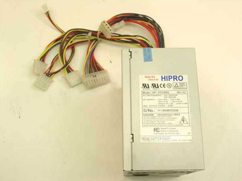 Hipro HP-203SNG 200W ATX power supply – three-quarter front view showing output harness with Molex and ATX connectors