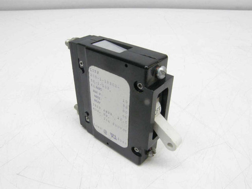 Airpax 205-1-1REC2-52-1-100 10A circuit breaker – angled left-side view showing white toggle handle and spec label