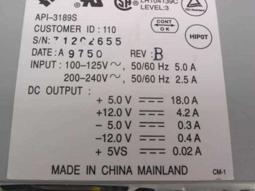 API-3189S power supply specification label – showing model, input voltage 100-240V, DC output rails, revision B, date code A9750, and certifications