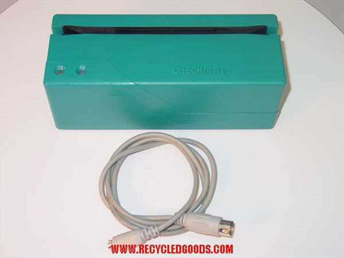 Checkmate Electronics SMR-300 magnetic stripe card reader in teal housing, shown from the front-top with included Mini-DIN interface cable