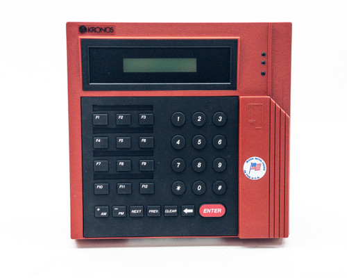 Kronos 460F Series 400 Time Clock front panel showing LCD display, numeric keypad, function keys, and card reader slot