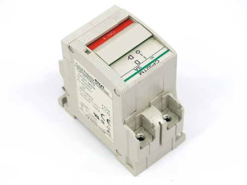 Fuji Electric CP32TM/3 Circuit Protector angled side view showing toggle handle, label side, and screw terminals