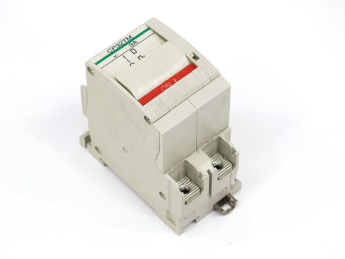 Fuji Electric CP32TM/3 Circuit Protector front view showing red ON indicator and green housing with DIN rail clip