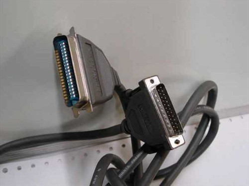 Parallel printer cable showing DB25 male connector end and Centronics 36 male connector end with full cable length