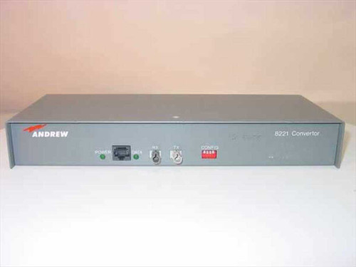 Andrew 8221 Fiber Optic Converter front panel showing POWER indicator, RX and TX fiber ports, and CONFIG DIP switch bank