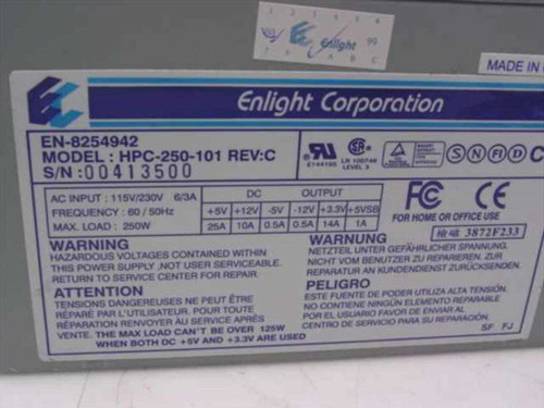 Enlight Corporation EN-8254942 HPC-250-101 Rev C label showing AC input 115V/230V, DC output ratings, and serial number
