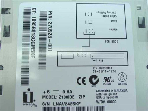 Iomega Z100iDE drive label showing part number 270928-001, Compaq P/N 270946-001, model Z100iDE, serial number, +5V 0.8A power rating, and Master/Slave/Cable Select jumper diagram