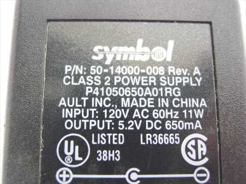 Symbol 50-14000-008 label showing Class 2 Power Supply, 120V AC 60Hz input, 5.2V DC 650mA output, UL and CSA markings