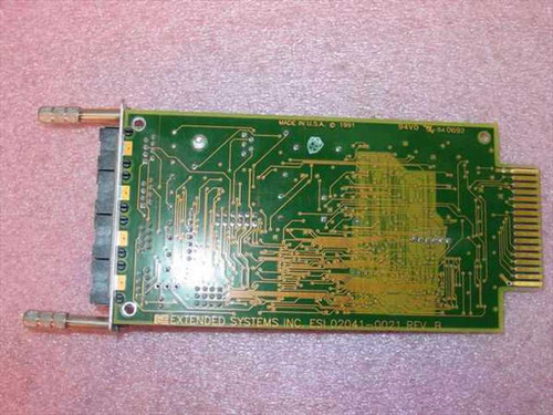 Extended Systems ShareSpool XL-3210 — solder/bottom side of PCB showing board marking ESL02041-0021 Rev B and 'Made in USA 1991' stamp