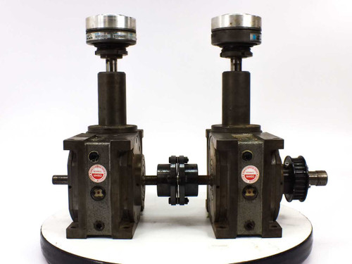 Sandex 7FU indexing drive pair with Sankyo 6TF-07C torque limiters mounted on top — front view showing both units connected by shaft coupling