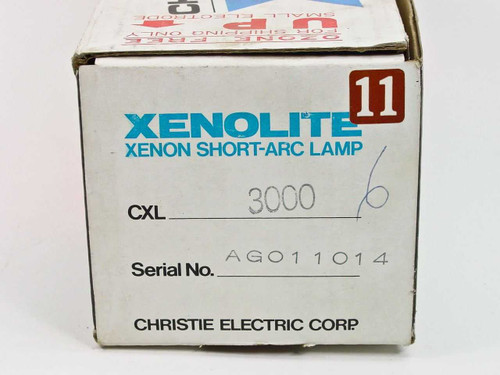 Christie Xenolite box label showing model CXL 3000, serial number AG011014, and Christie Electric Corp branding