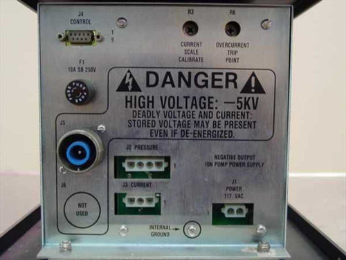 Amray 124-002 Ion Pump Power Supply upper module front panel — DANGER 5kV label, J4 DB-9 control port, J5 HV output connector, J2 pressure and J3 current terminals, J1 117VAC power terminal, fuse, calibration trimmers