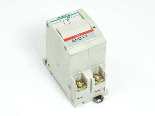 Fuji Electric CP32TM/5 circuit protector front view showing DIN rail mount and toggle switch with ON/OFF markings