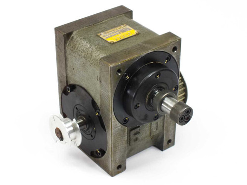 Sankyo Sandex 6E Index Drive – rear-right isometric view showing output flange, output shaft, and mounting bolt pattern