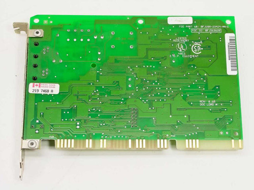 Practical Peripherals 08-02762 ISA modem — solder side showing FCC ID label, UL/CSA markings, and 16-bit ISA edge connector