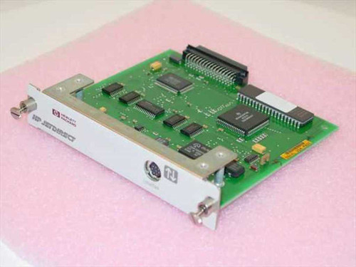 HP J413B301A1 JetDirect LocalTalk Print Server EIO Card — angled top view showing PCB and front bracket with HP Hewlett-Packard logo