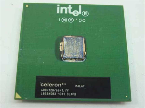 Intel SL4P8 Celeron 600MHz FC-PGA processor — top view showing Intel and Celeron markings, 600/128/66/1.7V spec label, SL4P8 S-spec