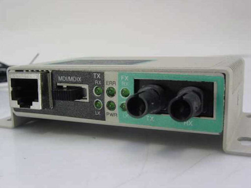 EtherCom EFM12N-T front panel showing RJ-45 MDI/MDIX port, dual ST fiber connectors, and LED status indicators