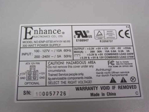 Enhance Electronics ENP-0730 label showing model number, 300W rating, dual voltage input 100-127V/200-240V, and output specifications