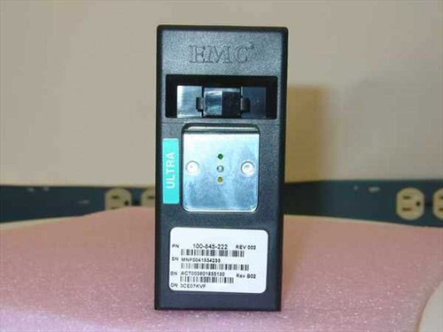 EMC hot swap carrier rear panel showing EMC logo, ULTRA label, part number label PN 100-845-222 REV 002, and SCA connector