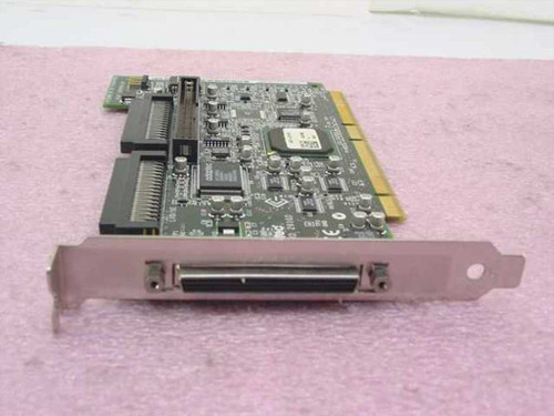 Adaptec ASC-29160 Ultra160 SCSI PCI controller card – angled top view showing PCB, external 68-pin HD connector bracket, and internal SCSI header