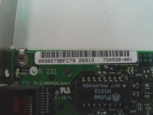 Compaq 116188-001 NIC – close-up of board label showing part number 734938-001, FCC ID, and Pulse H1012 magnetics chip
