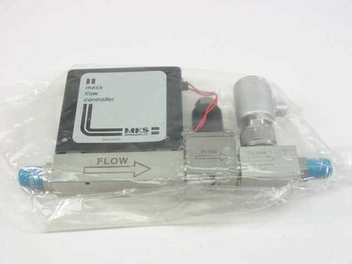 MKS 2259C Mass Flow Controller front view showing MKS logo label, flow direction arrow, and blue VCR fittings, in original plastic bag