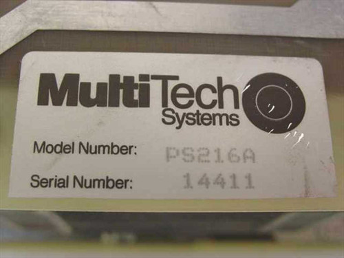 Multi-Tech Systems PS216A label closeup showing model number PS216A and serial number 14411