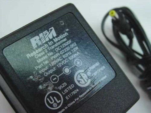 RIM DC12500F Class 2 Transformer label showing Part No. PWR-02232-002, Input 120VAC 60Hz, Output 12VDC 500mA, UL listed E117924, Made in China