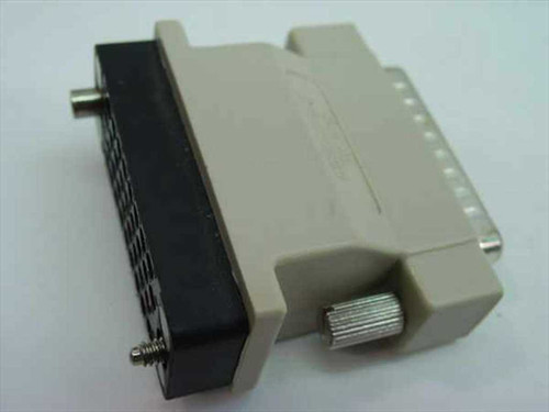 Racal 27C522-02 DSU CSU modem adapter – angled side view showing DB25 male connector and 34-pin female IDC connector housing