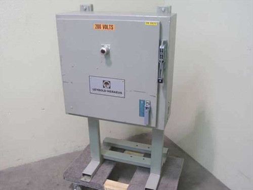 Leybold-Heraeus 208V freestanding electrical enclosure front view with door closed and Leybold-Heraeus label visible